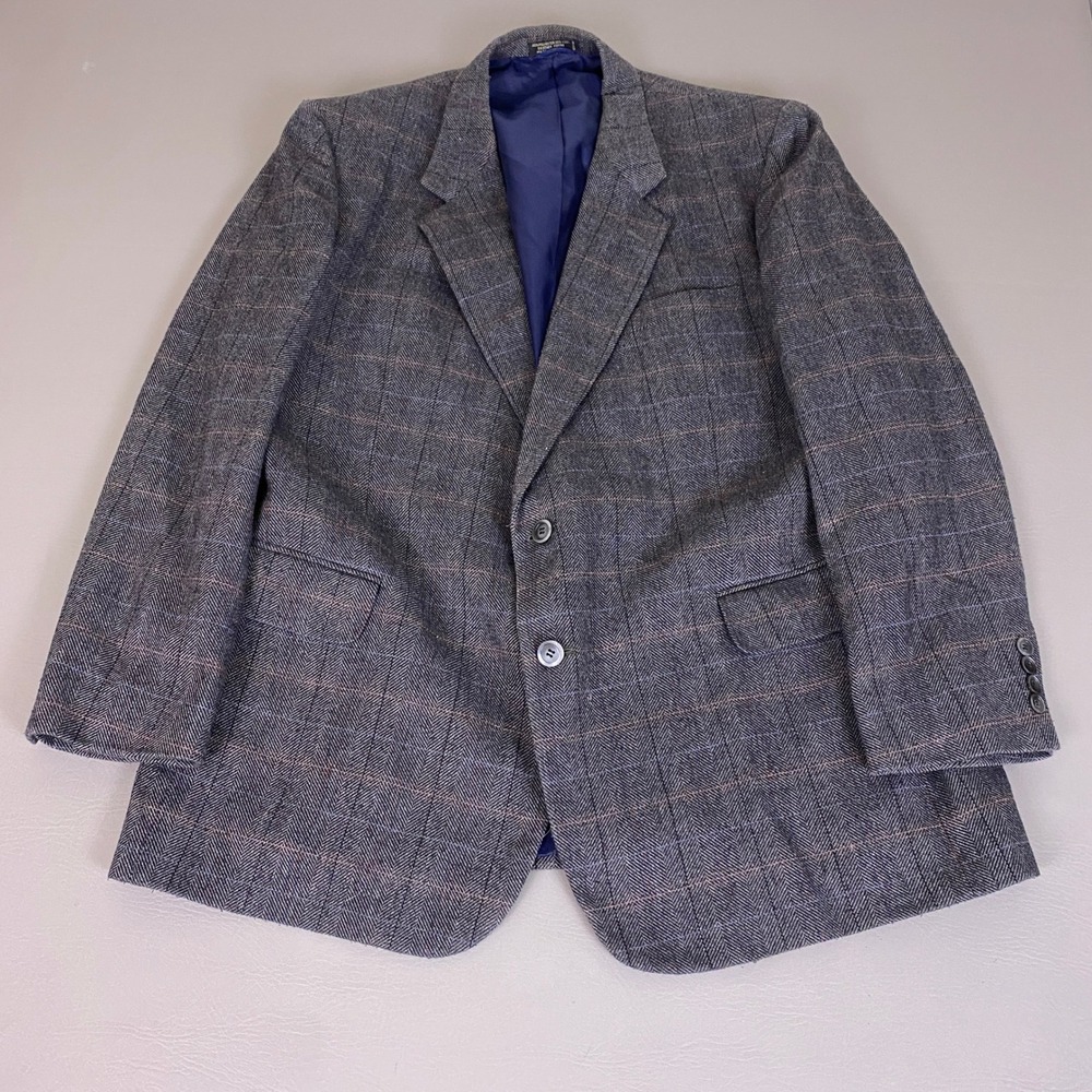 Austin Manor Blazer Men's 48L Gray Blue Plaid‎ Herringbone Wool Sport Coat EUC